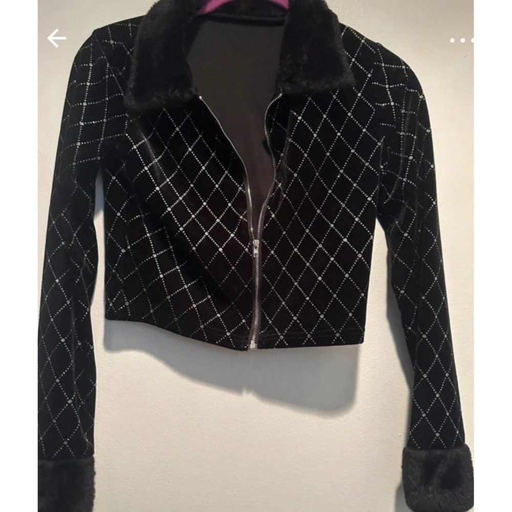 SHEIN Black Velvet Rhinestone Diamond Grid Cropped Jacket Faux Fur Trim XS 2